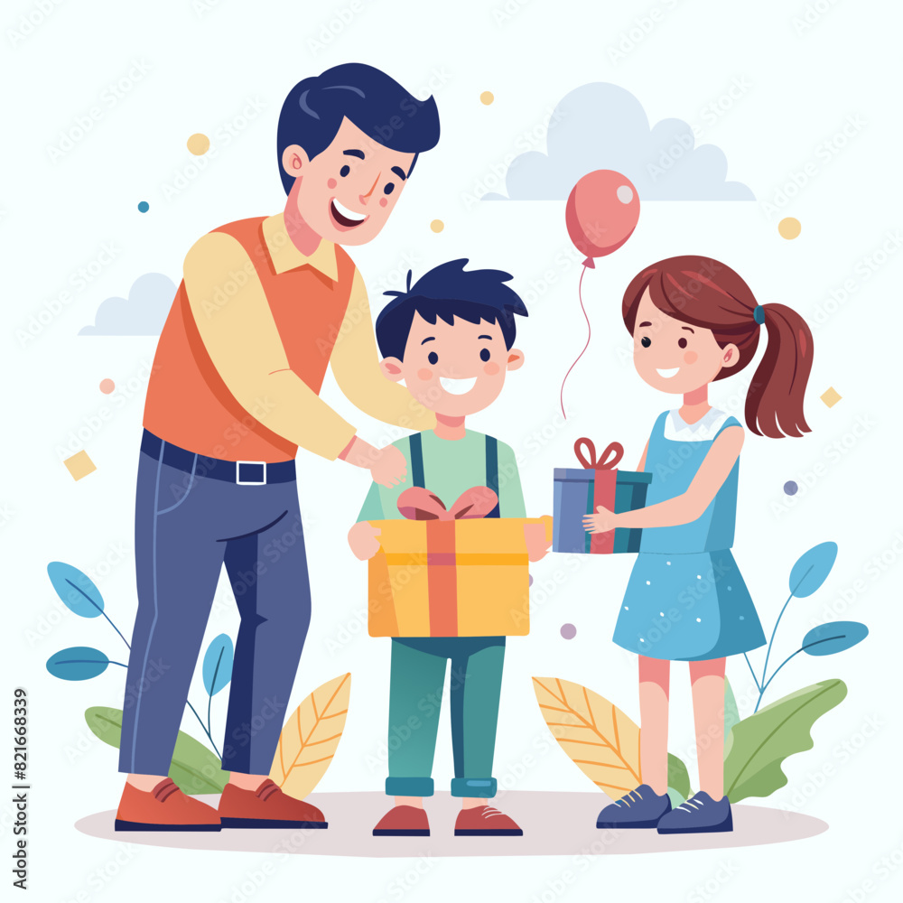 Illustration of a daughter and son surprising a father and giving a gift to their  father 