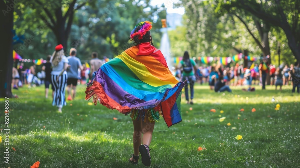 A person wearing a rainbow cape, running joyfully through a park filled with pride decorations and participants A person wearing a rainbow cape, running joyfully through a park filled with pride decorations and participants
