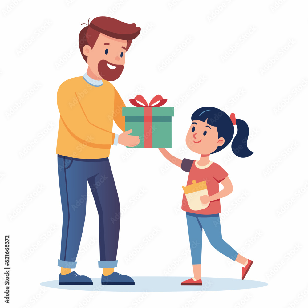 Illustration of a daughter and son surprising a father and giving a gift to their father Illustration of a daughter and son surprising a father and giving a gift to their father