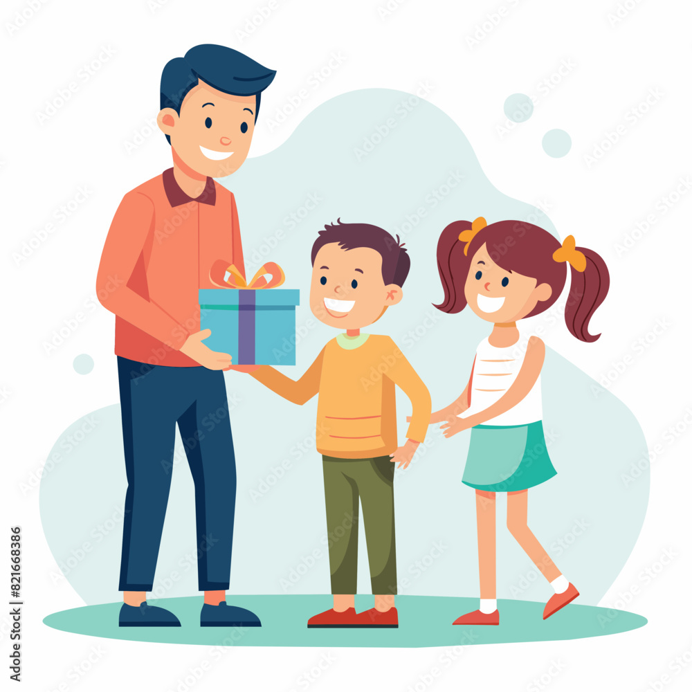 Illustration of a daughter and son surprising a father and giving a gift to their father Illustration of a daughter and son surprising a father and giving a gift to their father