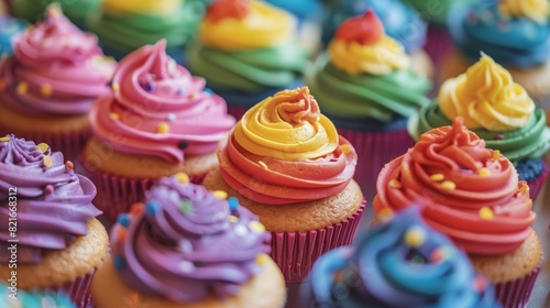 A close-up of colorful pride-themed cupcakes and desserts at a Pride Month celebration