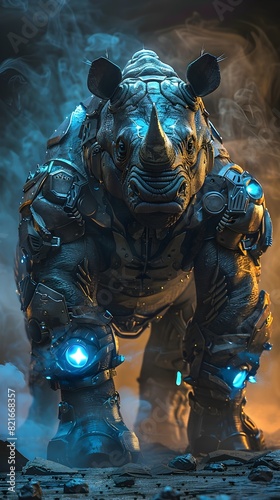 Formidable Cyborg Rhinoceros Warrior with Powerful Mechanical Limbs and Armor-Plated Body, Glowing Blue Energy Conduits, and Intimidating Facial