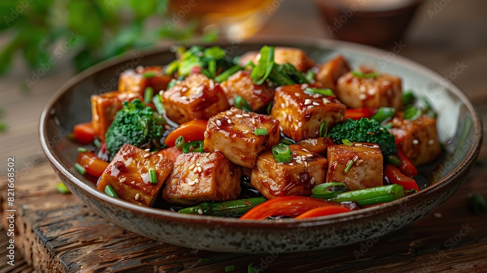 A plate of vegetable stir-fry with tofu.