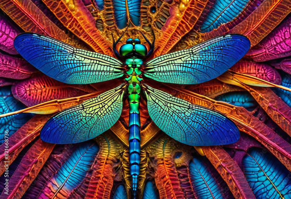 Naklejka premium Wing of psychedelic dragonfly under microscope. multi-colored vibrant abstract texture background.