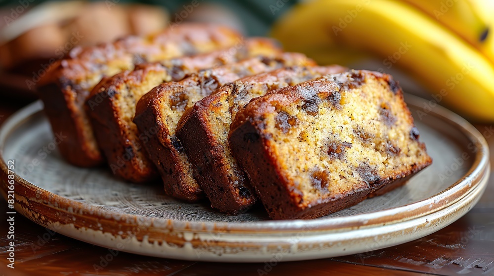 A plate of warm banana bread with a moist and flavorful crumb, perfect for an afternoon snack.