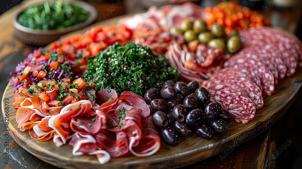A platter of antipasto with cured meats, olives, and marinated vegetables. A platter of antipasto with cured meats, olives, and marinated vegetables.