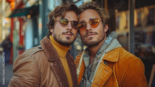 Two gay men dressed in stylish outfits, holding each other while posing for a photo in an urban setting