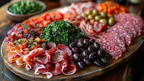 A platter of antipasto with cured meats, olives, and marinated vegetables.