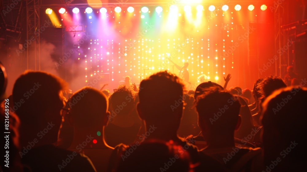 A night scene of a pride concert, with a stage lit up in rainbow colors and a lively audience