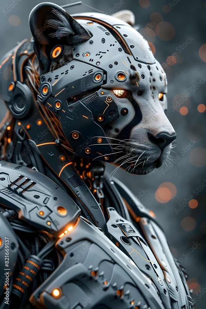 Fototapeta premium Futuristic Cyborg Cheetah Warrior with Holographic Displays and Predatory Hunting Instincts in 3D Rendering