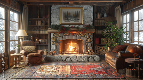 A cozy rustic living room with a stone fireplace, a plush area rug, and comfortable oversized armchairs, inviting residents and guests to unwind and relax. photo