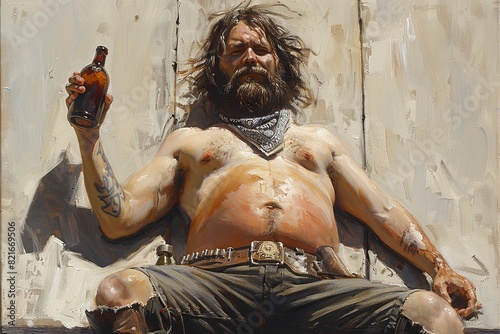 Charming Hefty Cowboy: Dramatic Painting of a Shirtless Bandana-Wearing Cowboy Lounging with a Bottle