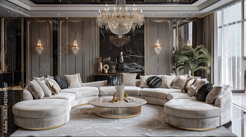 A glamorous living room with a glittering chandelier, a velvet sectional sofa, and a mirrored console table, reflecting the lavishness of Hollywood Regency style.