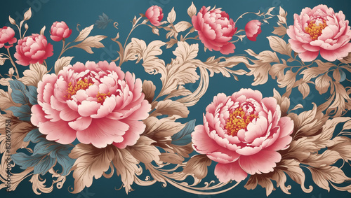The image is a floral pattern with pink and white flowers against a dark blue background.

