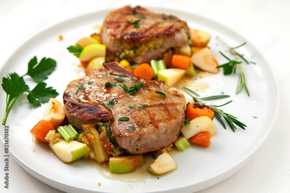 Indulgent Apple Sage Pork Chops on White Plates