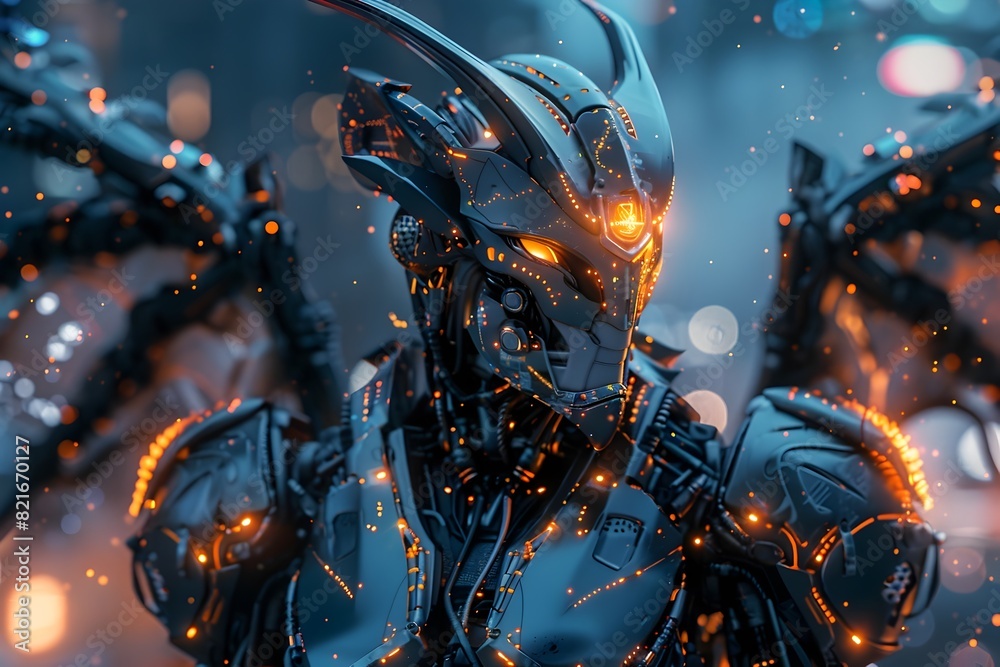 Fototapeta premium Hyper-Detailed Mechanized Dragon Warrior Encased in Futuristic Exoskeleton with Glowing Circuits and Pearlescent Scales against Megalopolis Backdrop