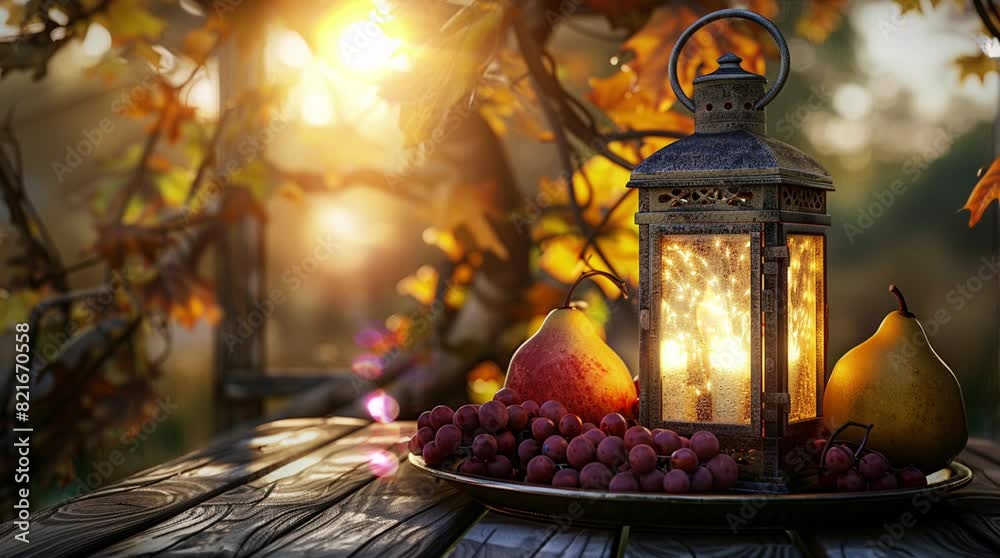 an outdoor table with lanterns and fruits, islamic or ramadan background. Islamic or Ramadan background. Realistic style.looping and seamless 4k digital illustration video an outdoor table with lanterns and fruits, islamic or ramadan background. Islamic or Ramadan background. Realistic style.looping and seamless 4k digital illustration video