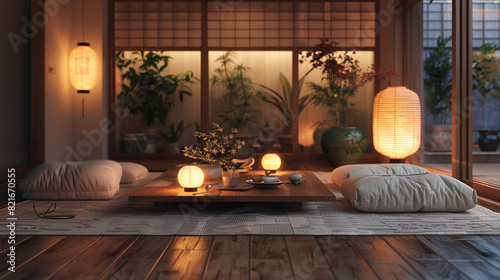 A modern living room with Asian decor, featuring a low-profile wooden coffee table, floor cushions, and paper lanterns, creating a cozy and inviting space with a touch of Zen.