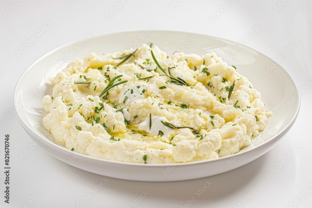 Elegant White Bowl Presentation of Garlic Mashed Cauliflower Elegant White Bowl Presentation of Garlic Mashed Cauliflower