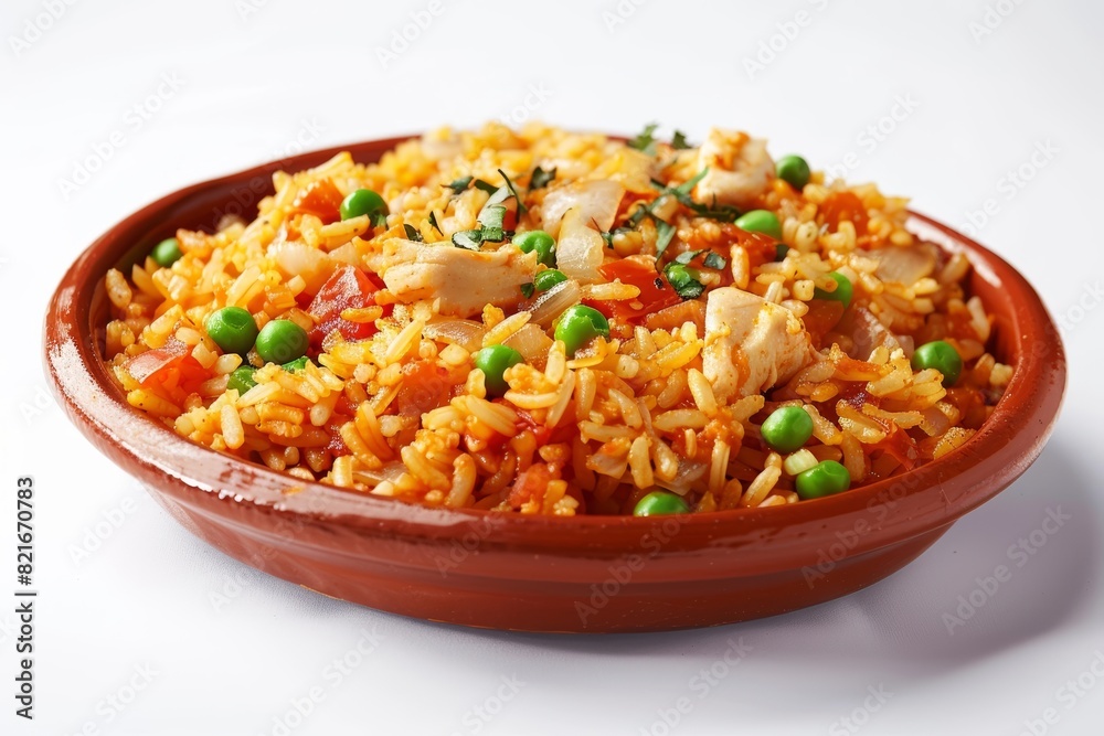 Spanish Chicken and Pea Rice in a Rustic Earthenware Spanish Chicken and Pea Rice in a Rustic Earthenware
