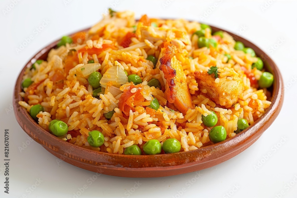 Spanish Chicken and Pea Rice in an Elegant Earthenware Dish Spanish Chicken and Pea Rice in an Elegant Earthenware Dish