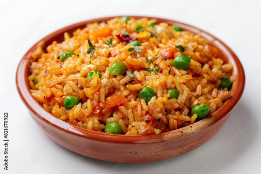 Spanish Chicken and Pea Rice in an Elegant Earthen Dish Spanish Chicken and Pea Rice in an Elegant Earthen Dish