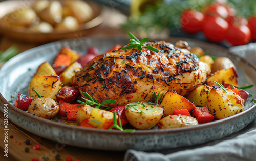 Baked chicken with potatoes and vegetables on the table, closeup of food in natural light. Created with Ai