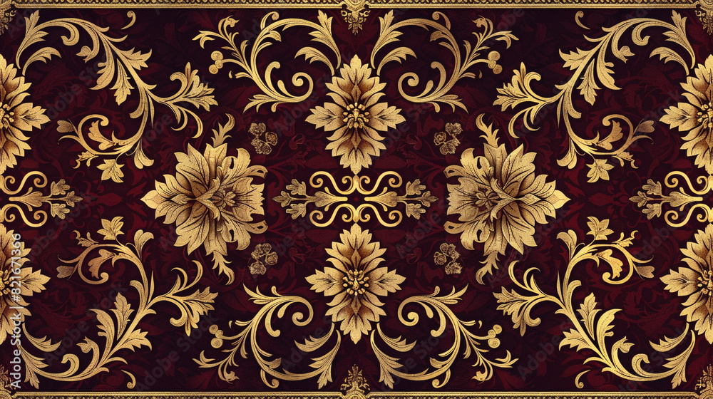 A seamless pattern featuring Victorian ornamental borders with intricate acanthus leaf and floral motifs, in shades of deep red and gold.