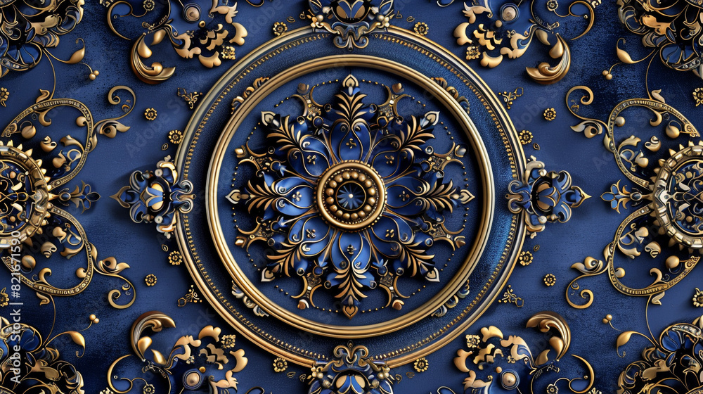 A seamless pattern of Victorian medallions and rosettes, with intricate detailing and embossed textures in shades of royal blue and gold.
