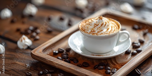 Freshly Brewed Espresso con Panna Served on a Wooden Tray with Roasted Coffee Beans