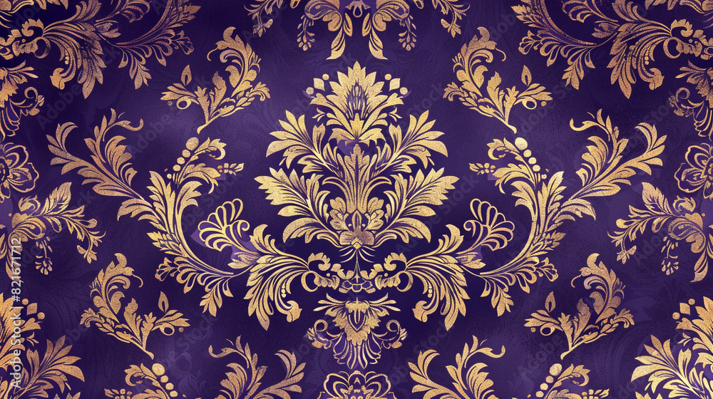 A seamless pattern of Victorian damask, with ornate floral patterns and intricate borders in shades of royal purple and gold, evoking a sense of luxury and opulence. A seamless pattern of Victorian damask, with ornate floral patterns and intricate borders in shades of royal purple and gold, evoking a sense of luxury and opulence.