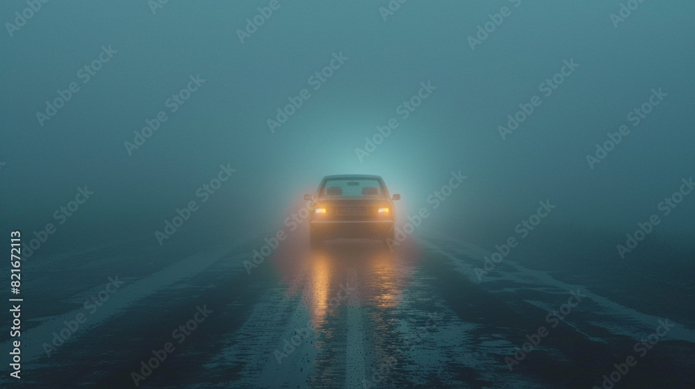 A self-driving car navigating through a dense fog, with visibility reduced to just a few meters ahead, creating an eerie and mysterious atmosphere.