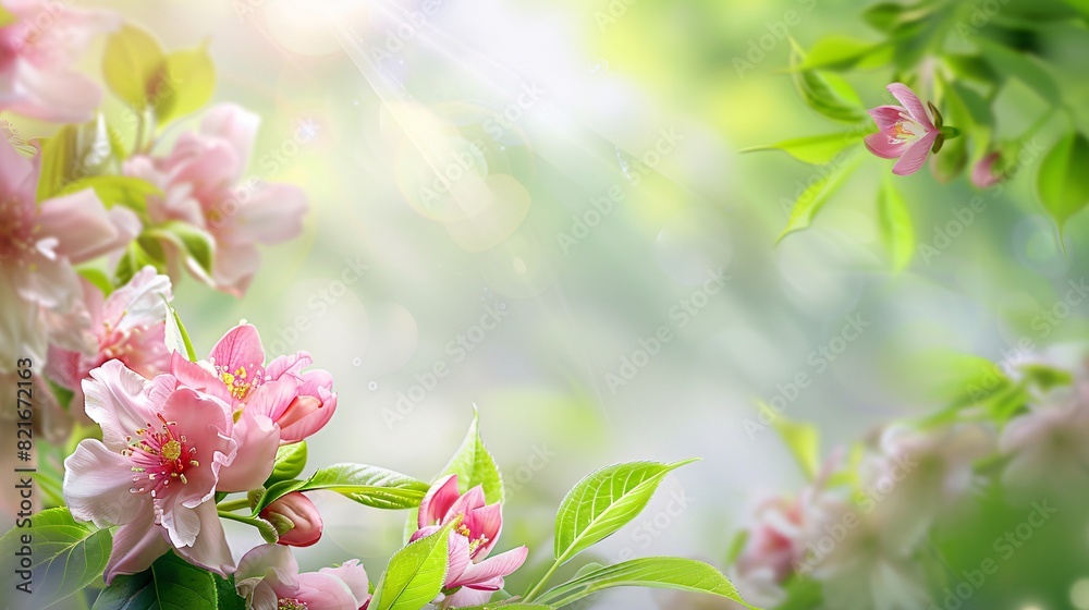 pink flowers against blurry leaf background and sunny light pink flowers against blurry leaf background and sunny light