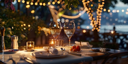 A luxurious dinner table in a pleasant atmosphere. The beautiful scenery makes for a wonderful night. Images like this are often used to post on social media, write blogs or set as wallpaper.