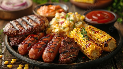 A plate of Fourth of July barbecue favorites, including hamburgers, hot dogs, potato salad, and corn on the cob.