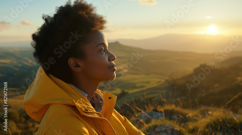 Standing atop a mountain peak, a hiker smiles as they take in the expansive wilderness panorama, feeling liberated and alive photo