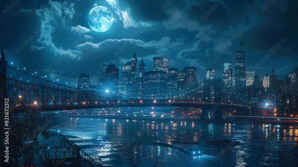 A self-driving car traveling across a bridge spanning a wide river, with city lights reflecting on the water below and a full moon shining in the sky.