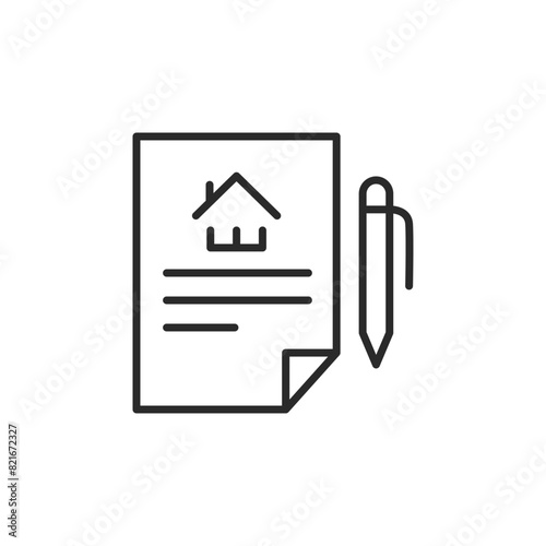 Real estate contract icon. Simple representation of a legal document with a house outline and pen, used for property transactions, agreements, and leases. Vector illustration