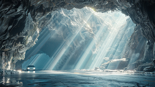 A self-driving car traveling through a tunnel carved into a mountain  with beams of sunlight streaming through openings in the rock  illuminating the interior.