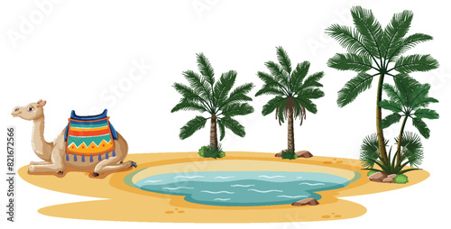 Illustration of a camel beside a water pond