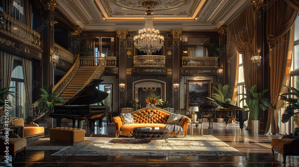 A sophisticated traditional living room with high ceilings, a velvet sofa, and a grand piano creating an elegant atmosphere.