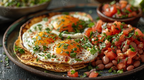 A plate of huevos rancheros with refried beans and salsa. photo