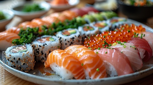 A plate of Japanese sushi rolls with a variety of nigiri sushi, sashimi, and maki rolls, accompanied by pickled ginger, wasabi, and soy sauce. photo