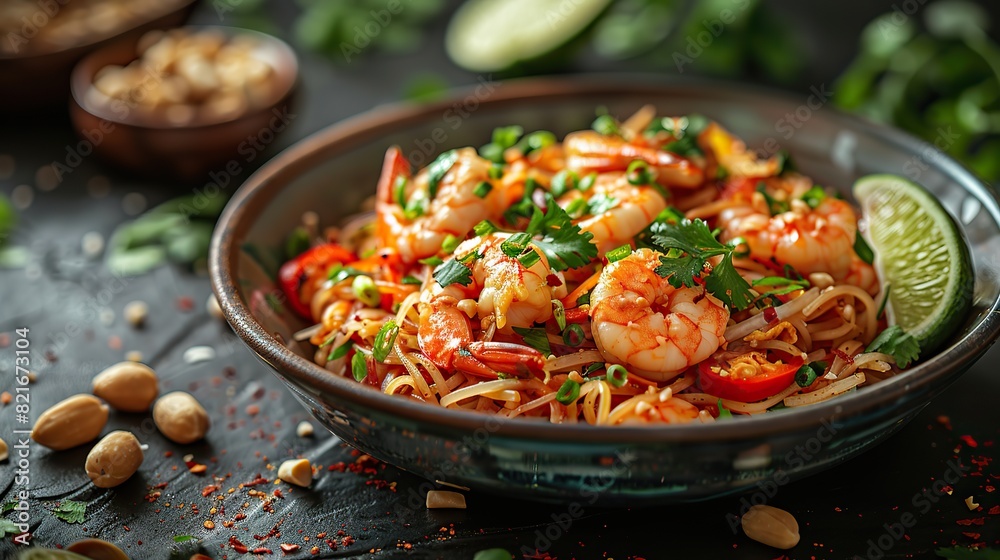 A plate of pad thai with shrimp, peanuts, and lime wedges. A plate of pad thai with shrimp, peanuts, and lime wedges.