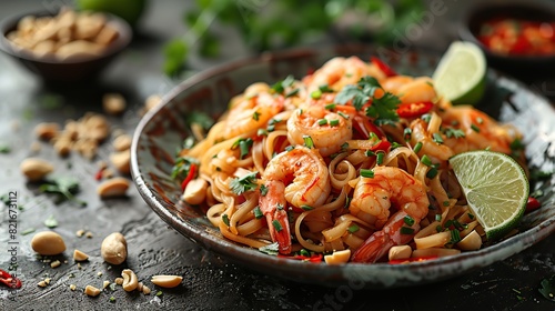 A plate of pad thai with shrimp, peanuts, and lime wedges.