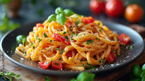 A plate of pasta primavera with fresh vegetables.