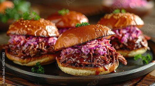 A plate of pulled pork sandwiches with coleslaw.