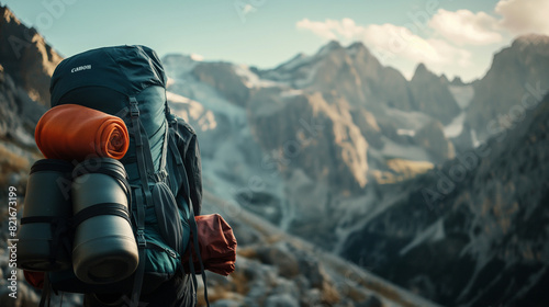 Against the towering silhouette of mountain peaks, a close-up shot reveals the intricate details of a tourist's backpack and sleeping pad photo