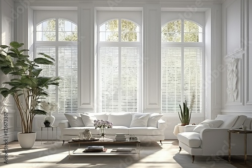 a living room filled with white furniture and windows