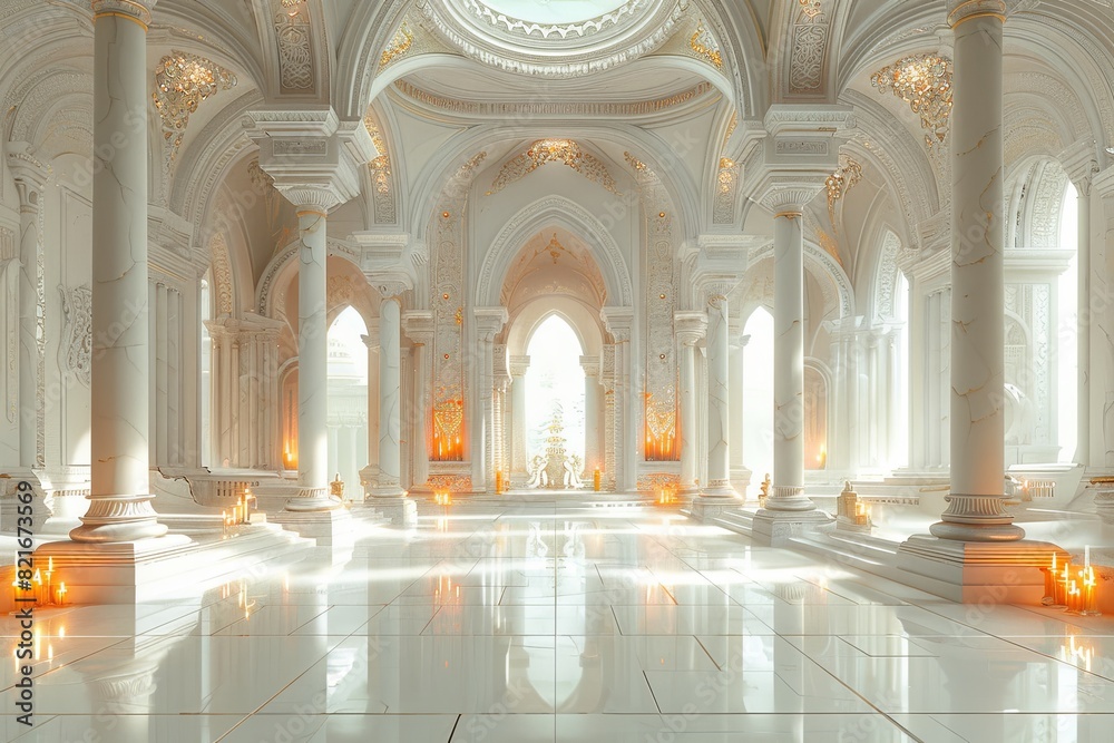 Fototapeta premium Intricate White-Tiled Mushroom Temple Interior: Mold Detail Illuminated